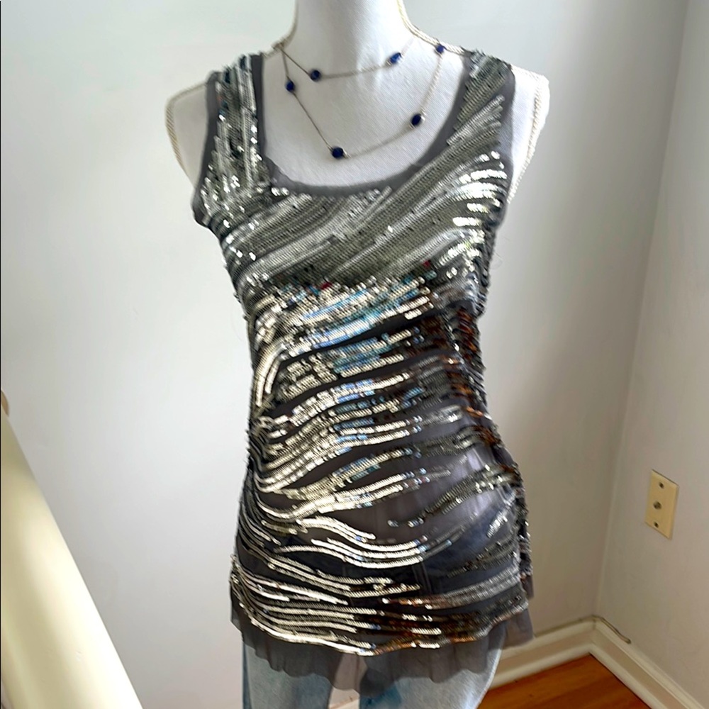 Romeo & Juliet Couture Silver Sequin sheerTank Top